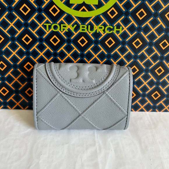 Tory Burch Fleming Soft Polished Grain Small Flap Wallet Slate Silver Gray Grey - Picture 2 of 10
